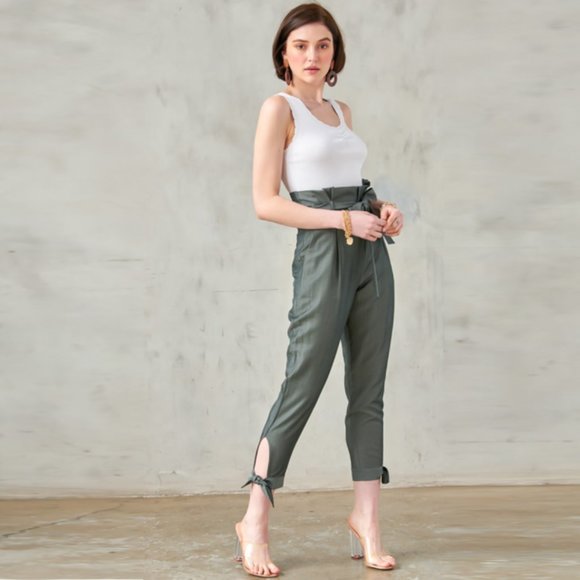 Paperbag Pants With Ankle Tie Detail in Gray Olive - Picture 2 of 8
